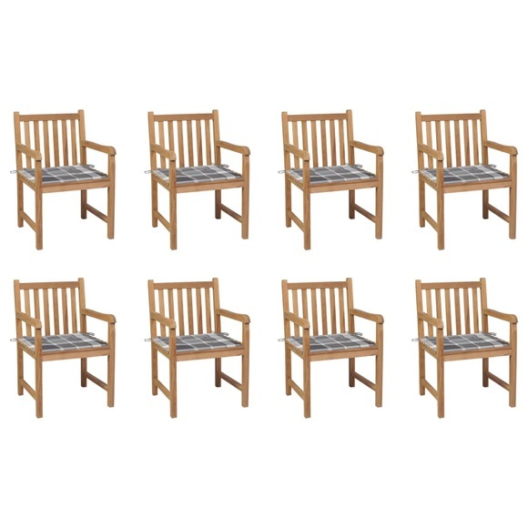 vidaXL Gartenstühle 8 Stk. Graue Karomuster-Kissen Massivholz Teak