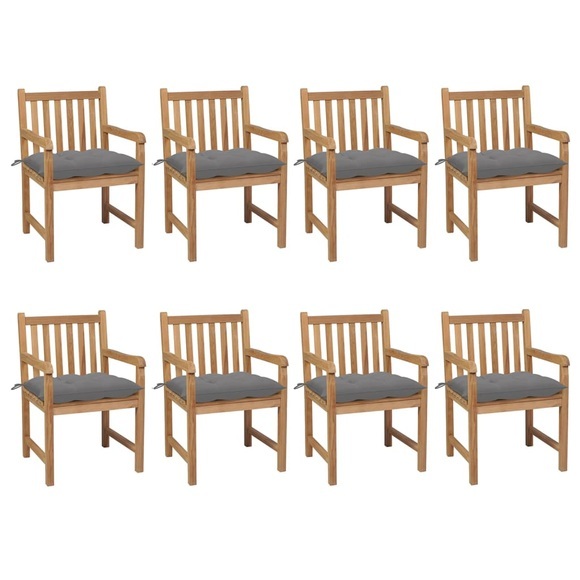 vidaXL Gartenstühle 8 Stk. mit Grauen Kissen Massivholz Teak