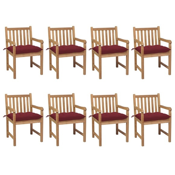 vidaXL Gartenstühle 8 Stk. mit Weinroten Kissen Massivholz Teak