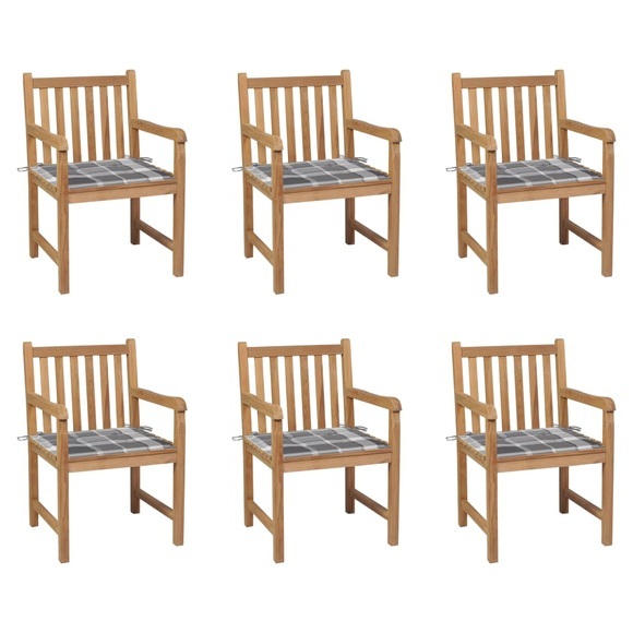 vidaXL Gartenstühle 6 Stk. Graue Karomuster-Kissen Massivholz Teak