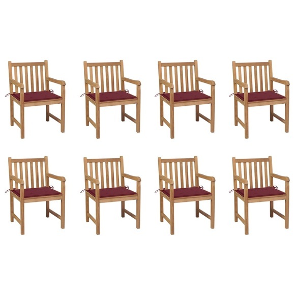 vidaXL Gartenstühle 8 Stk. mit Weinroten Kissen Massivholz Teak