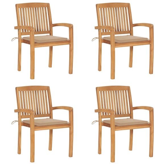 vidaXL Stapelbare Gartenstühle mit Kissen 4 Stk. Massivholz Teak