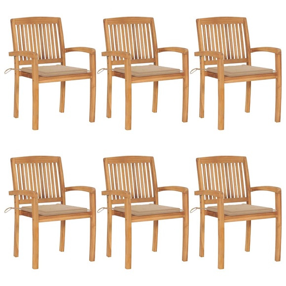 vidaXL Stapelbare Gartenstühle mit Kissen 6 Stk. Massivholz Teak