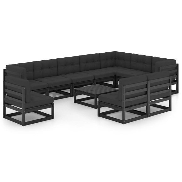 vidaXL 11-tlg. Garten-Lounge-Set mit Kissen Schwarz Massivholz Kiefer