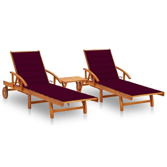 vidaXL Sonnenliegen 2 Stk. mit Tisch und Auflagen Massivholz Akazie