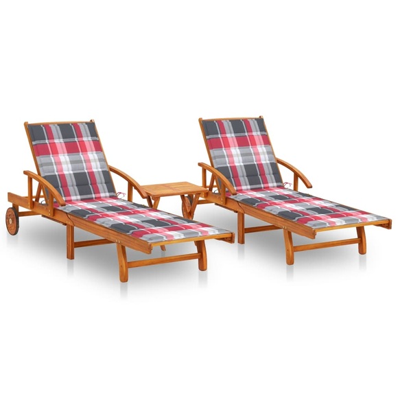 vidaXL Sonnenliegen 2 Stk. mit Tisch und Auflagen Massivholz Akazie
