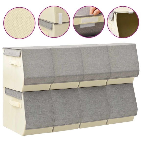 vidaXL Aufbewahrungsboxen mit Deckel 8 Stk. Stapelbar Stoff Grau Creme