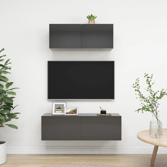 vidaXL 2-tlg. TV-Schrank-Set Hochglanz-Grau Spanplatte