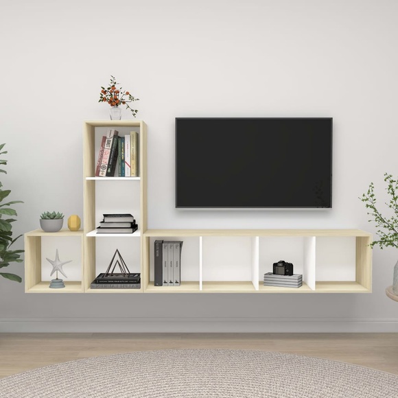 vidaXL 3-tlg. TV-Schrank-Set Weiß Sonoma-Eiche Spanplatte