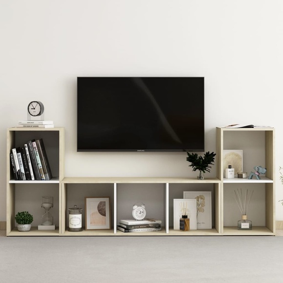 vidaXL 3-tlg. TV-Schrank-Set Weiß Sonoma-Eiche Spanplatte