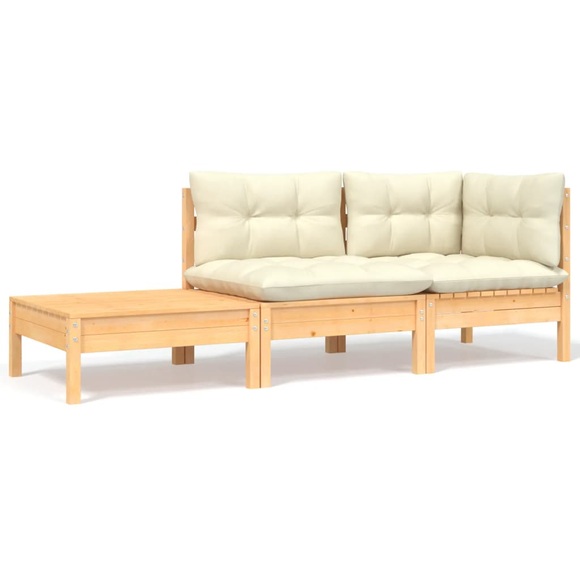 vidaXL 3-tlg. Garten-Lounge-Set mit Creme Kissen Massivholz Kiefer