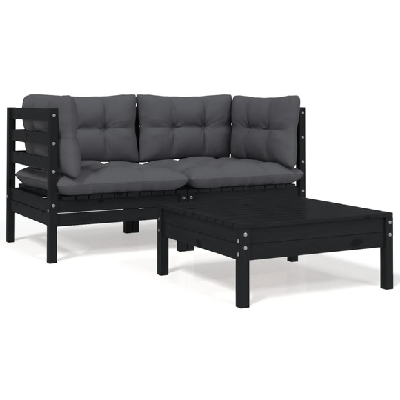 vidaXL 3-tlg. Garten-Lounge-Set mit Kissen Schwarz Kiefer Massivholz
