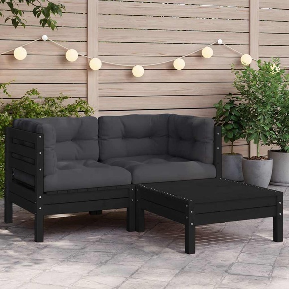 vidaXL 3-tlg. Garten-Lounge-Set mit Kissen Schwarz Kiefer Massivholz