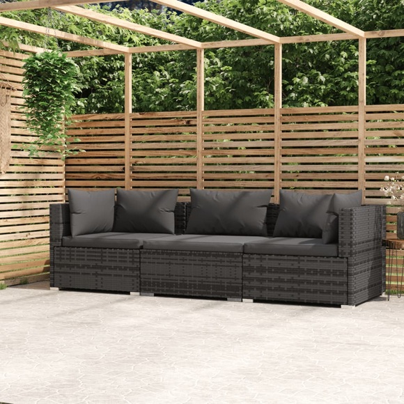 vidaXL 3-Sitzer-Sofa mit Kissen Grau Poly Rattan