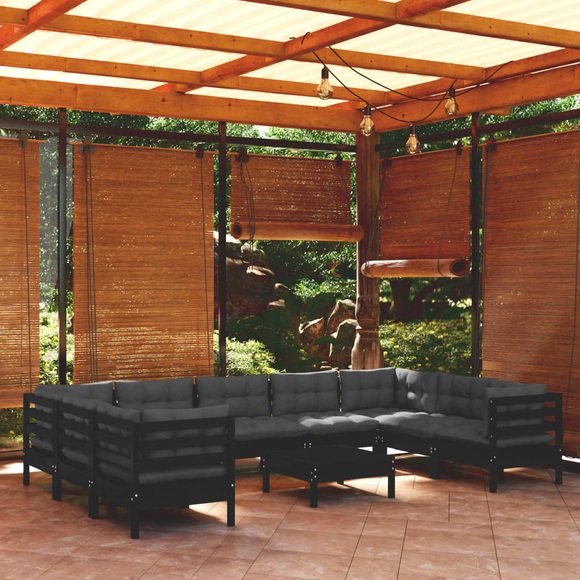 vidaXL 10-tlg. Garten-Lounge-Set mit Kissen Schwarz Kiefernholz