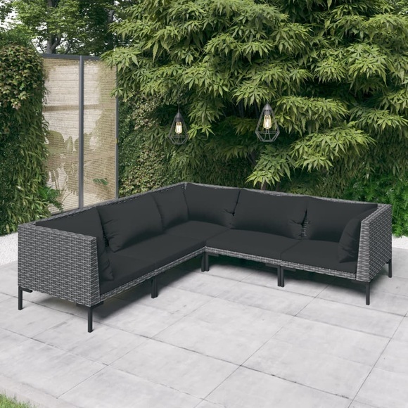 vidaXL 5-tlg. Garten-Lounge-Set mit Auflagen Poly Rattan Dunkelgrau