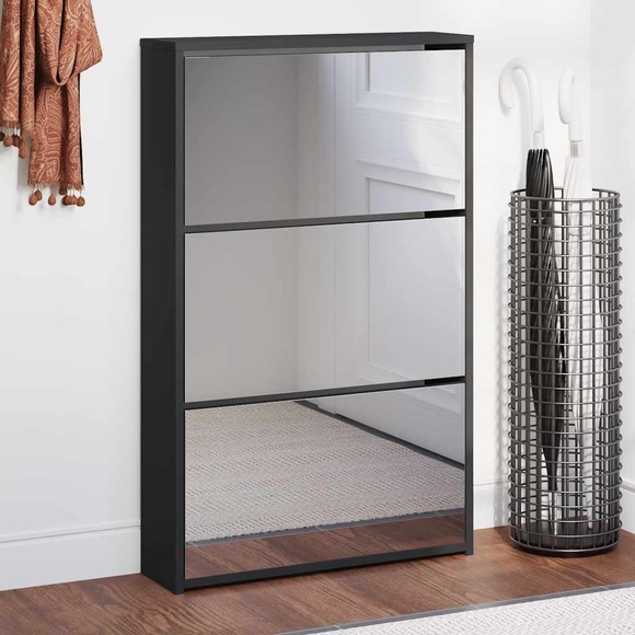vidaXL Schuhschrank mit Spiegel 3 Fächer Schwarz 63x17x102,5 cm