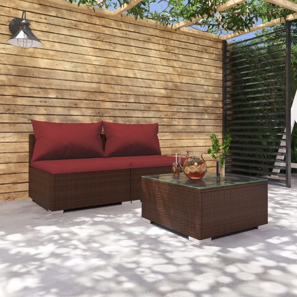 vidaXL 3-tlg. Garten-Lounge-Set mit Kissen Poly Rattan Braun