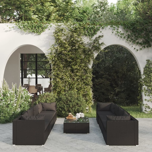 vidaXL 9-tlg. Garten-Lounge-Set mit Kissen Poly Rattan Schwarz