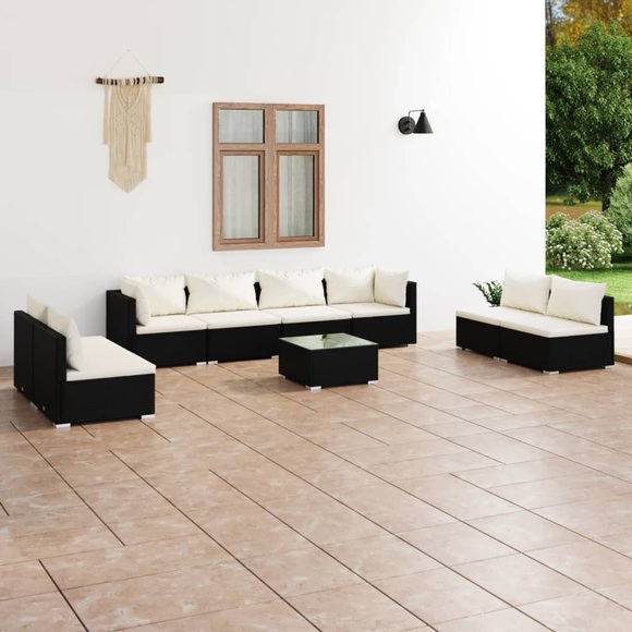 vidaXL 9-tlg. Garten-Lounge-Set mit Kissen Poly Rattan Schwarz