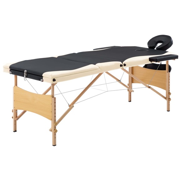 Massagetisch Klappbar 3 Zonen Holz Schwarz und Beige