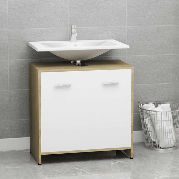 vidaXL Badezimmerschrank Weiß und Sonoma-Eiche 60x33x58 cm Spanplatte