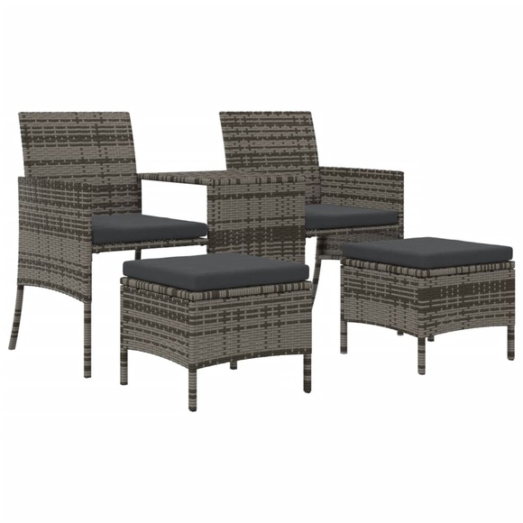 vidaXL 2-Sitzer-Gartensofa mit Teetisch und Hocker Poly Rattan Grau