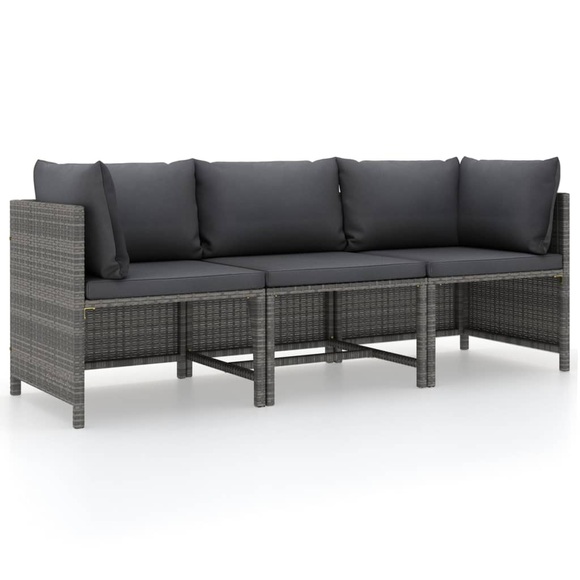 vidaXL 3-Sitzer-Gartensofa mit Kissen Grau Poly Rattan