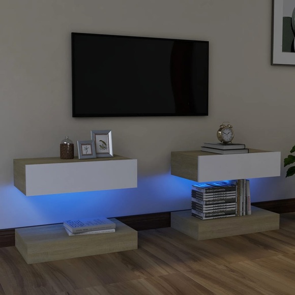 vidaXL TV-Schränke mit LED-Leuchten 2 Stk. Weiß Sonoma-Eiche 60x35 cm