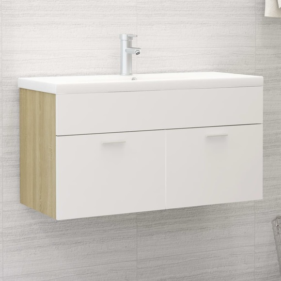 vidaXL Waschbeckenunterschrank Weiß und Sonoma 90x38,5x46 cm Spanplatte