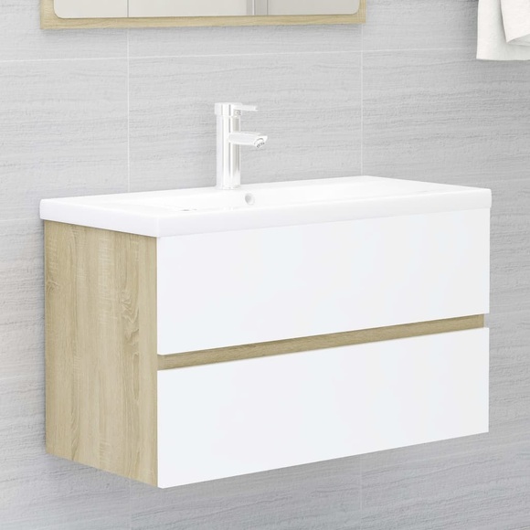 vidaXL Waschbeckenunterschrank Weiß und Sonoma 80x38,5x45 cm Spanplatte