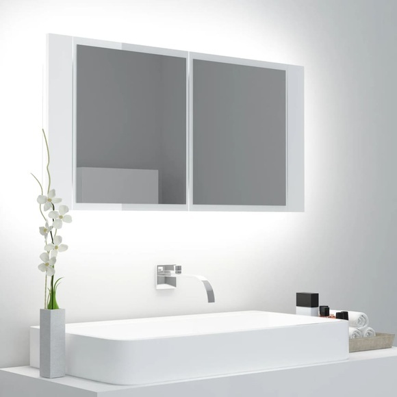 vidaXL LED-Bad-Spiegelschrank Hochglanz-Weiß 90x12x45 cm