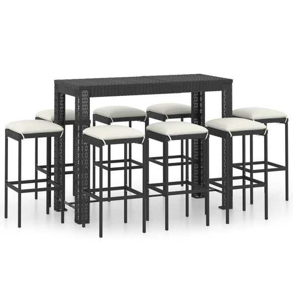vidaXL 9-tlg. Gartenbar-Set mit Kissen Poly Rattan Schwarz