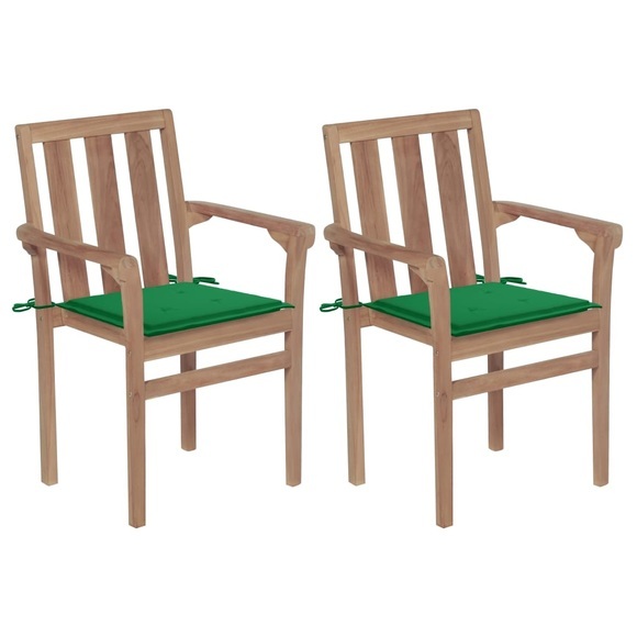 vidaXL Gartenstühle 2 Stk. mit Grünen Kissen Teak Massivholz