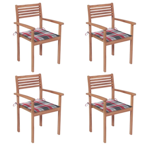 vidaXL Gartenstühle 4 Stk. Rote Karomuster-Kissen Massivholz Teak