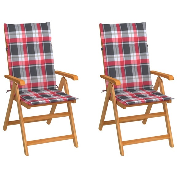 vidaXL Gartenstühle 2 Stk. Rote Karomuster-Kissen Massivholz Teak