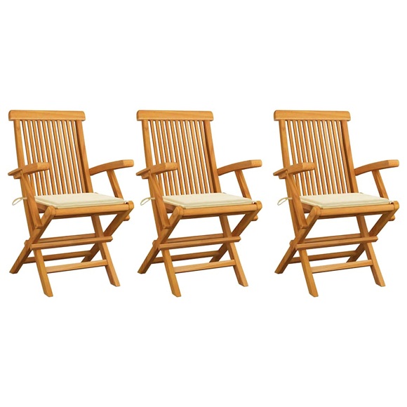 vidaXL Gartenstühle mit Cremeweißen Kissen 3 Stk. Massivholz Teak