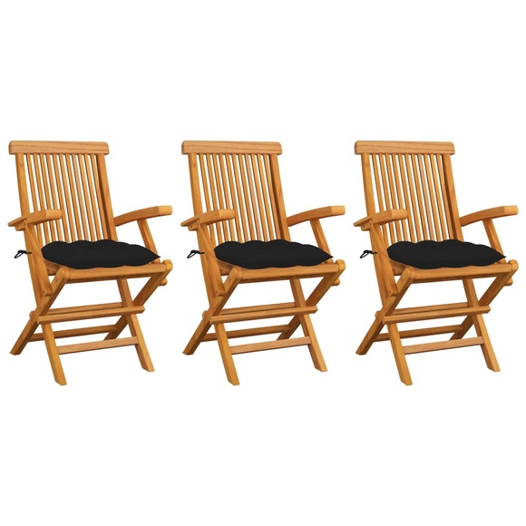 vidaXL Gartenstühle mit Schwarzen Kissen 3 Stk. Massivholz Teak