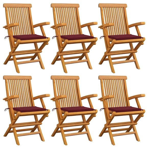 vidaXL Gartenstühle mit Weinroten Kissen 6 Stk. Massivholz Teak