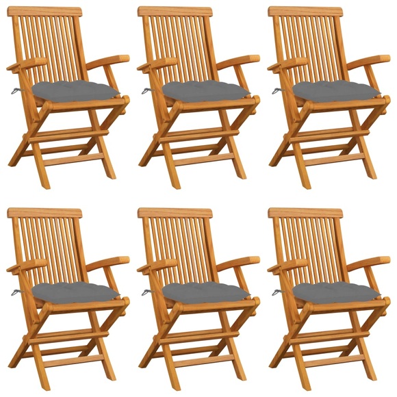 vidaXL Gartenstühle mit Grauen Kissen 6 Stk. Massivholz Teak