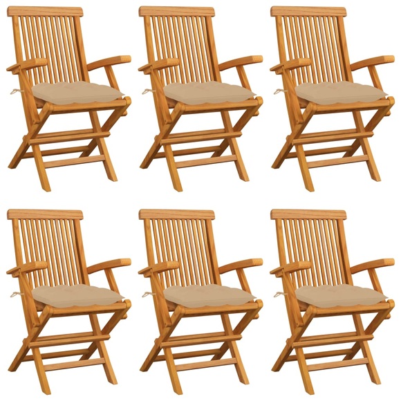 vidaXL Gartenstühle mit Beigen Kissen 6 Stk. Massivholz Teak