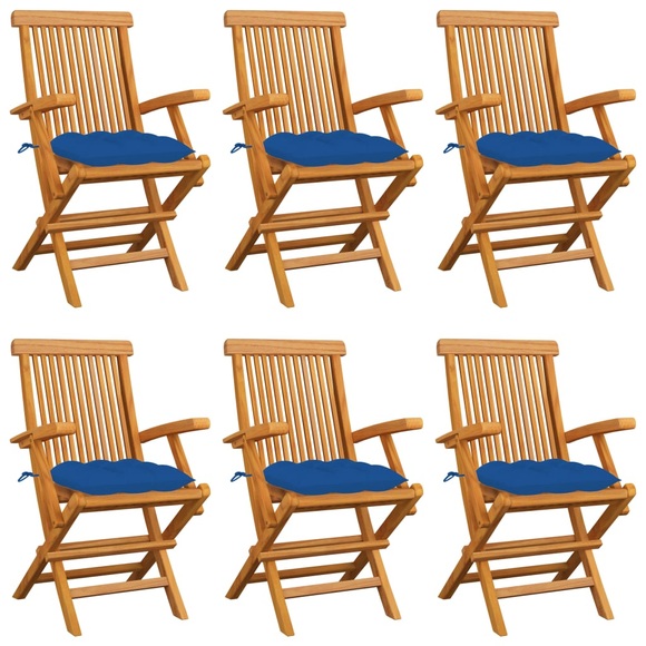 vidaXL Gartenstühle mit Blauen Kissen 6 Stk. Massivholz Teak