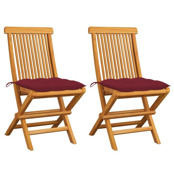 vidaXL Gartenstühle mit Weinroten Kissen 2 Stk. Massivholz Teak