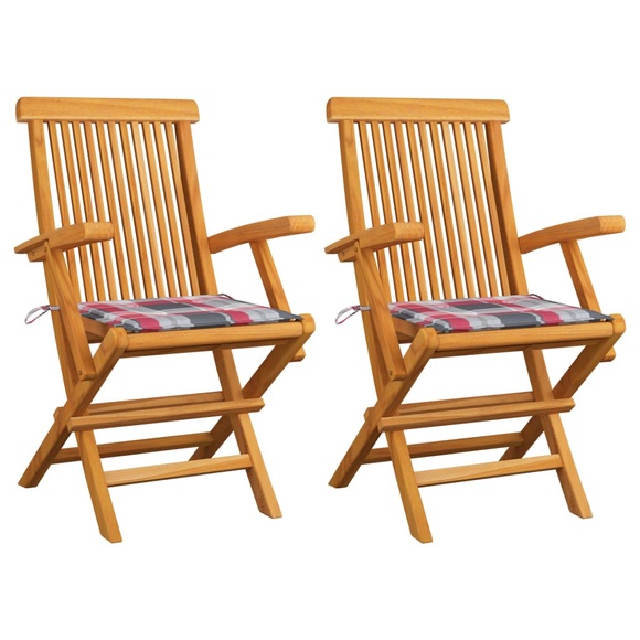 vidaXL Gartenstühle Rote Karomuster-Kissen 2 Stk. Massivholz Teak