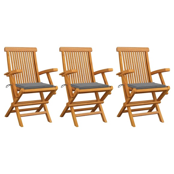 vidaXL Gartenstühle mit Grauen Kissen 3 Stk. Massivholz Teak