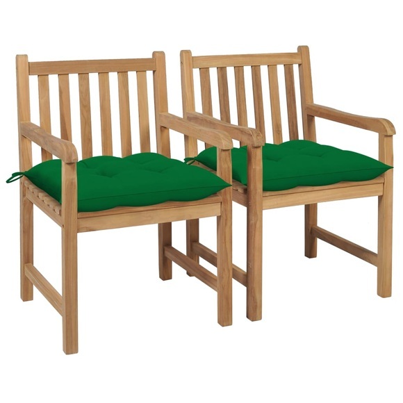 vidaXL Gartenstühle 2 Stk. mit Grünen Kissen Massivholz Teak