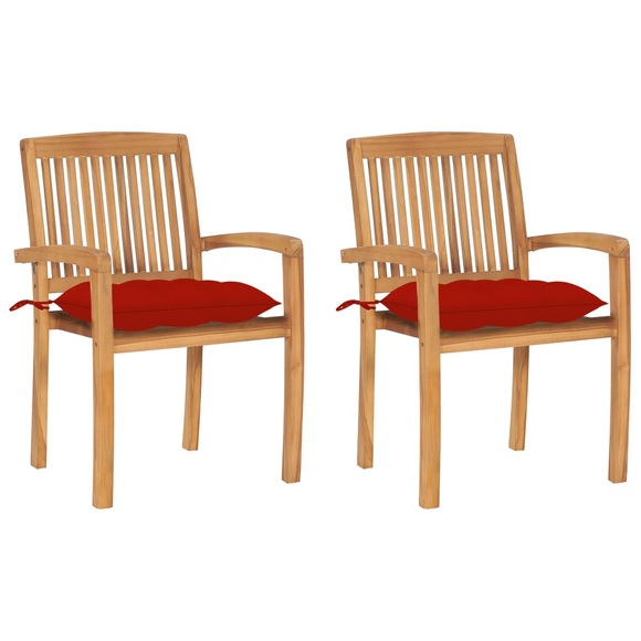 vidaXL Gartenstühle 2 Stk. mit Roten Kissen Massivholz Teak