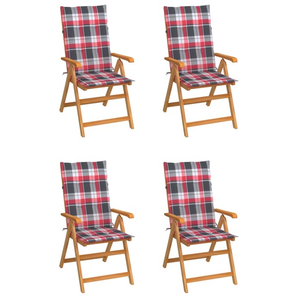 vidaXL Gartenstühle 4 Stk. Rote Karomuster-Kissen Massivholz Teak
