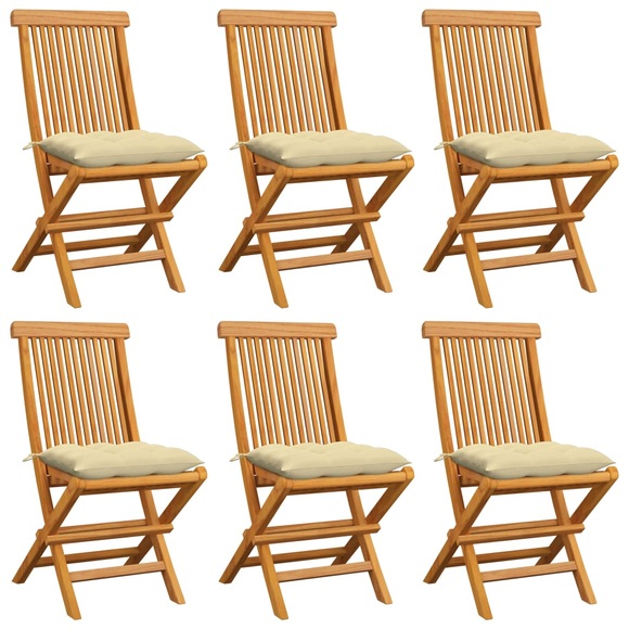 vidaXL Gartenstühle mit Cremeweißen Kissen 6 Stk. Massivholz Teak