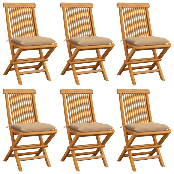 vidaXL Gartenstühle mit Beige Kissen 6 Stk. Massivholz Teak